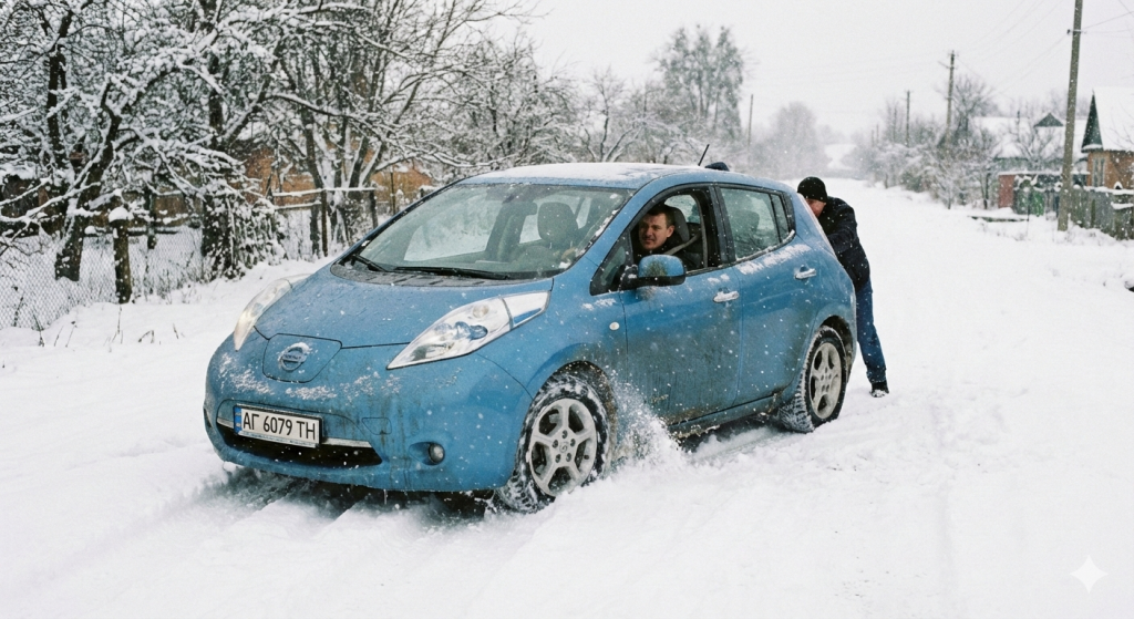 Синій Nissan Leaf в зимових умовах: безпечна експлуатація батареї електрокара.