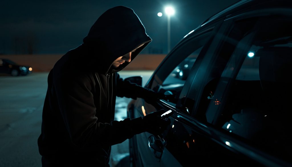 Викрадач автомобіля вночі використовує ретранслятор для реле-атаки на парковці